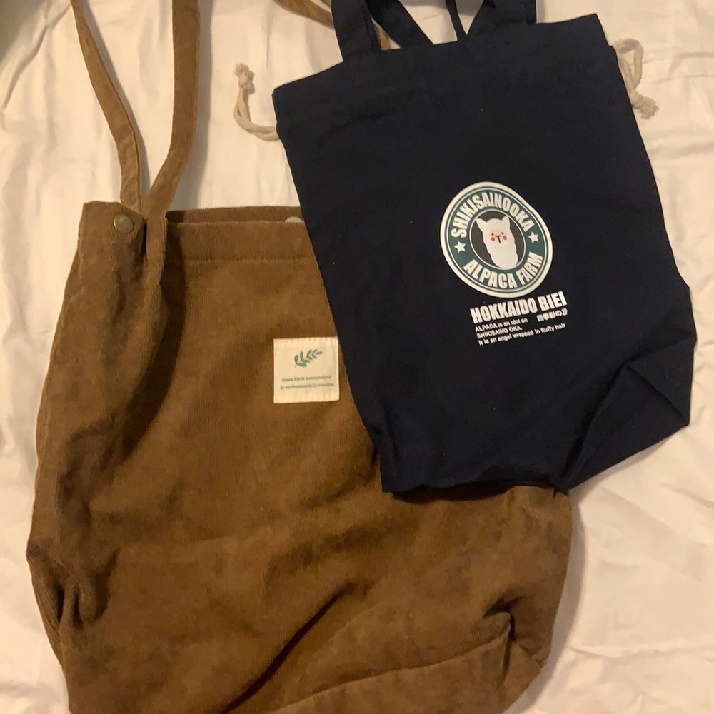 Tote bags, brown corduroy, and navy blue